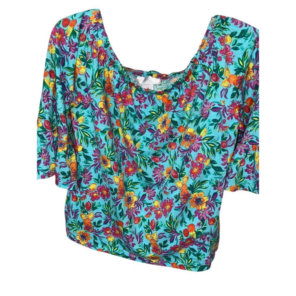 Stella Parker Womans Blouse Top Blue Floral Medium Cotton Long Sleeve Round Neck